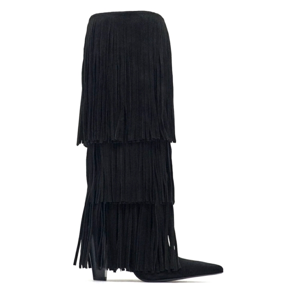 Zara FRINGED HEELED LEATHER KNEE HIGH BOOTS bloggers favorite - Picture 3 of 12